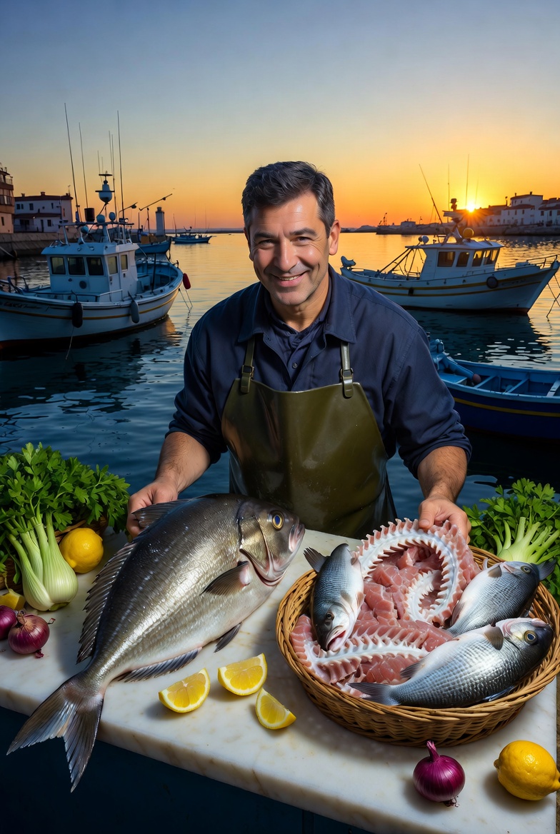 Pescadero en mercado portuario mostrando cabezas y espinas de pescado fresco para hacer caldo.