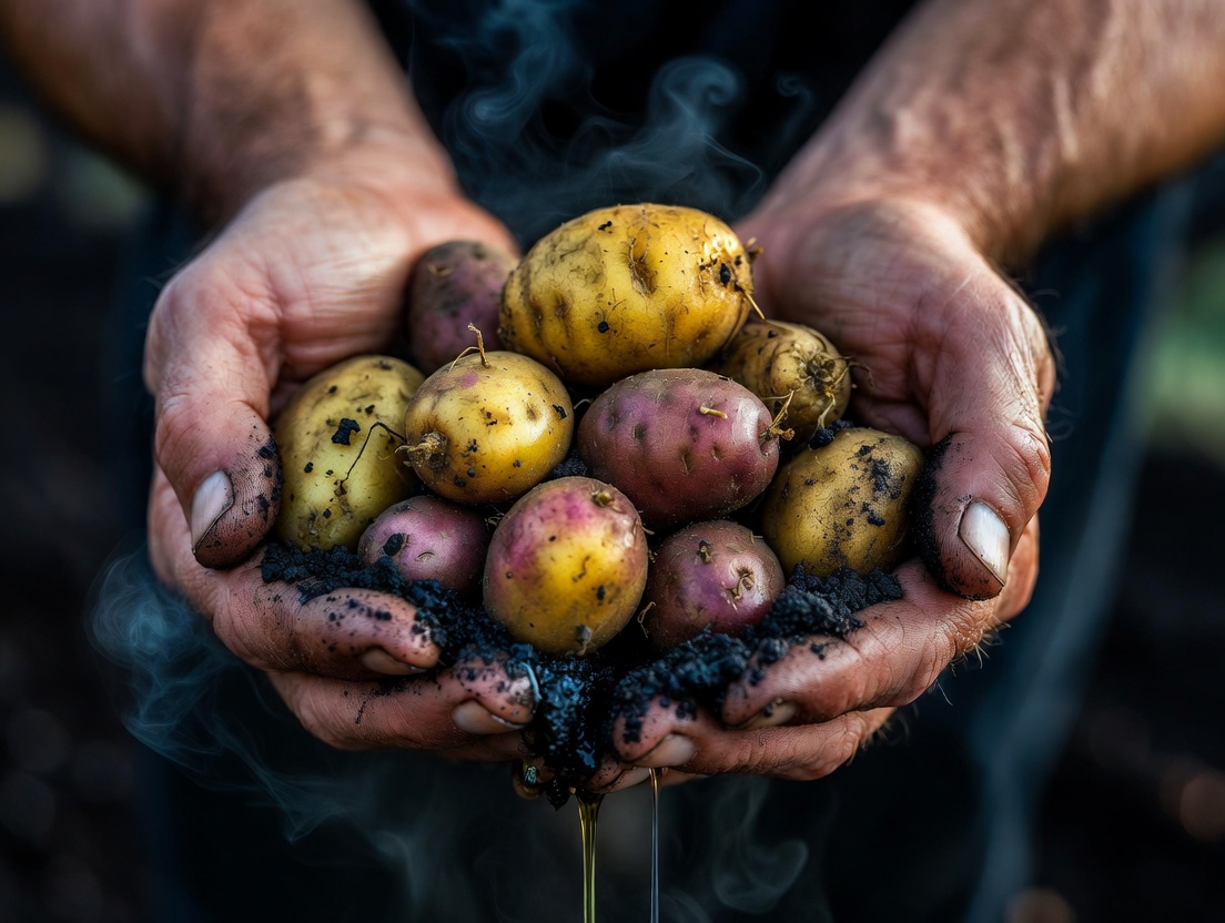 Manos de agricultor sostienen papas bonita canarias con tierra volc&aacute;nica reci&eacute;n cosechadas.
