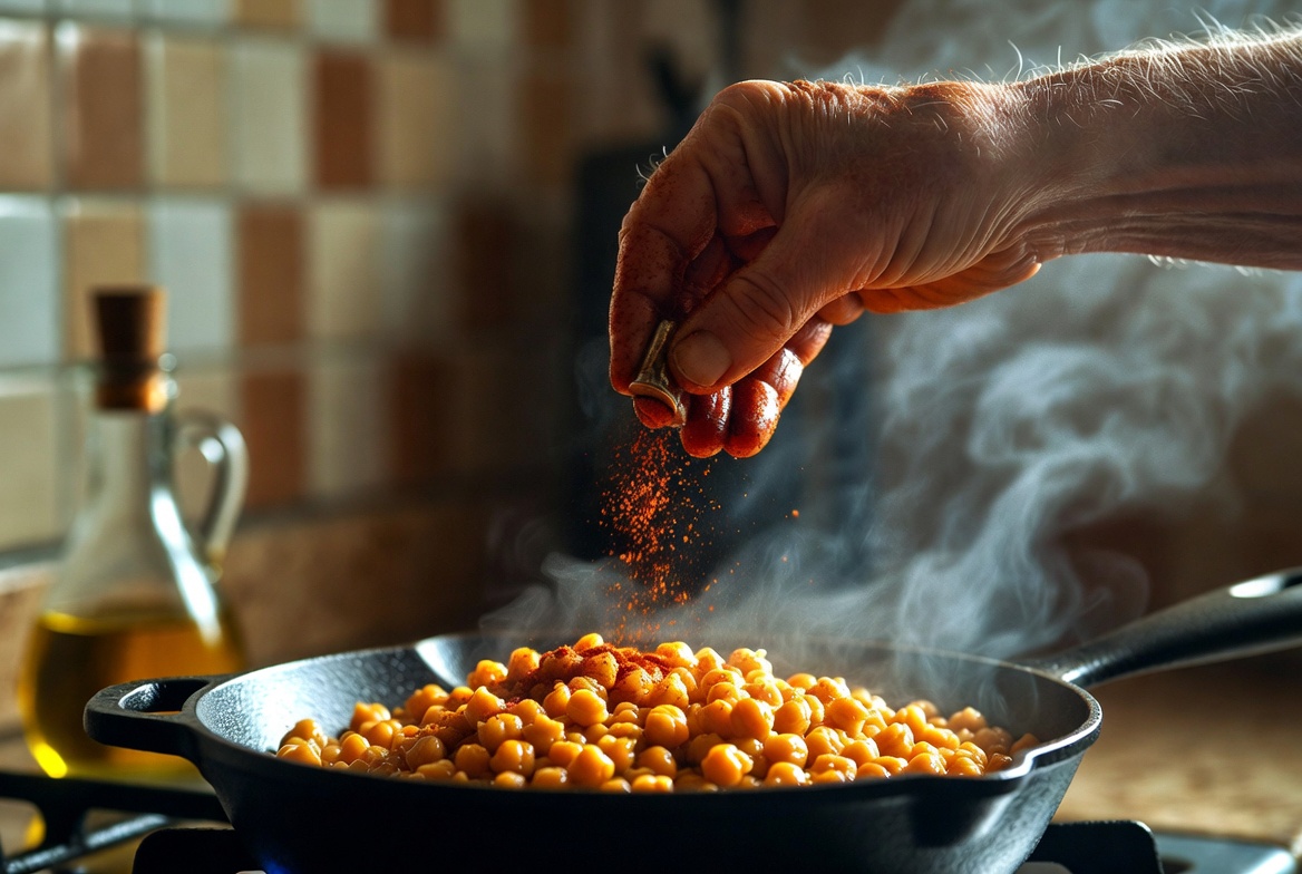 Mano a&ntilde;adiendo piment&oacute;n a garbanzos fritos dorados en una sart&eacute;n antigua, tradici&oacute;n casera espa&ntilde;ola