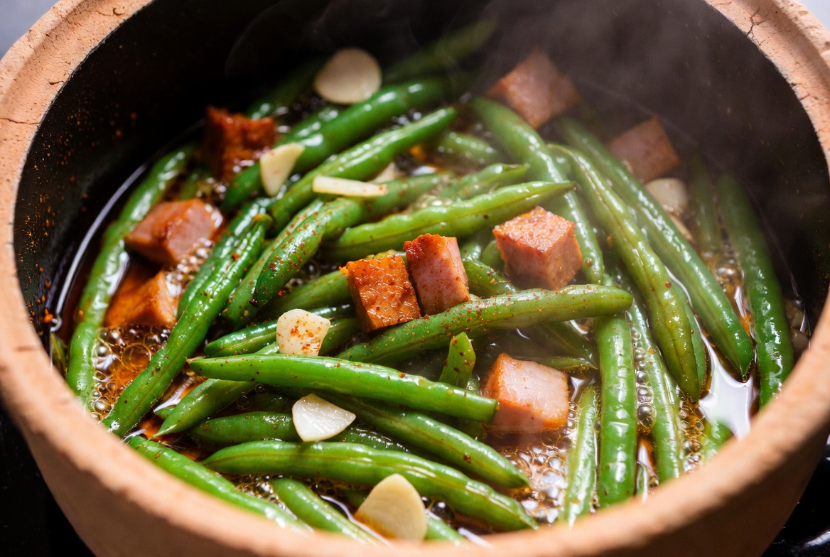 Jud&iacute;as verdes salteadas en el sofrito de ajo, jam&oacute;n y piment&oacute;n en una cazuela de barro.