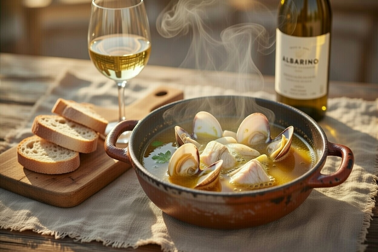 Sopa de almejas a la marinera servida en cuenco, acompa&ntilde;ada de pan r&uacute;stico y vino Albari&ntilde;o