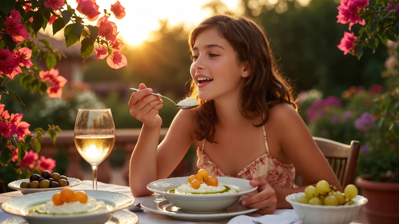 Ajoblanco con uvas servido en cuencos en una terraza de verano, acompa&ntilde;ado de vino blanco, lista para disfrutar