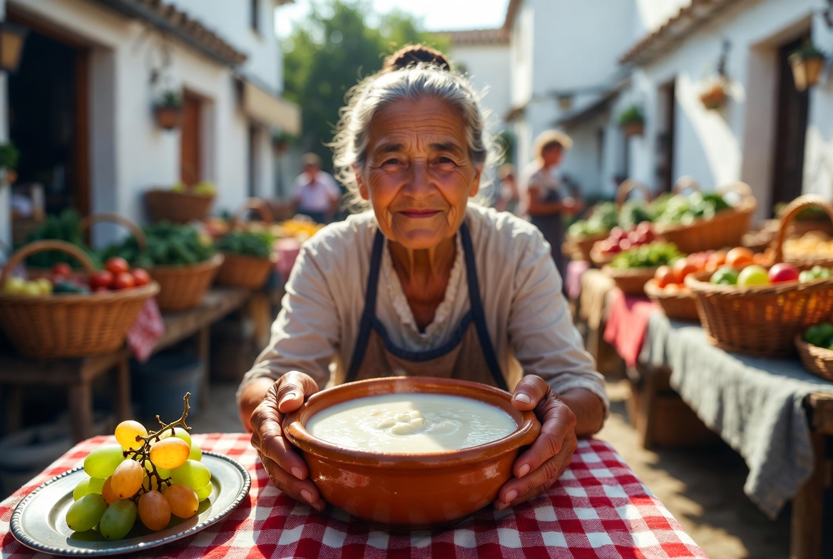 Ajoblanco tradicional servido en cuenco de barro con uvas moscatel en un mercadillo andaluz, ofrecido por una mujer local.