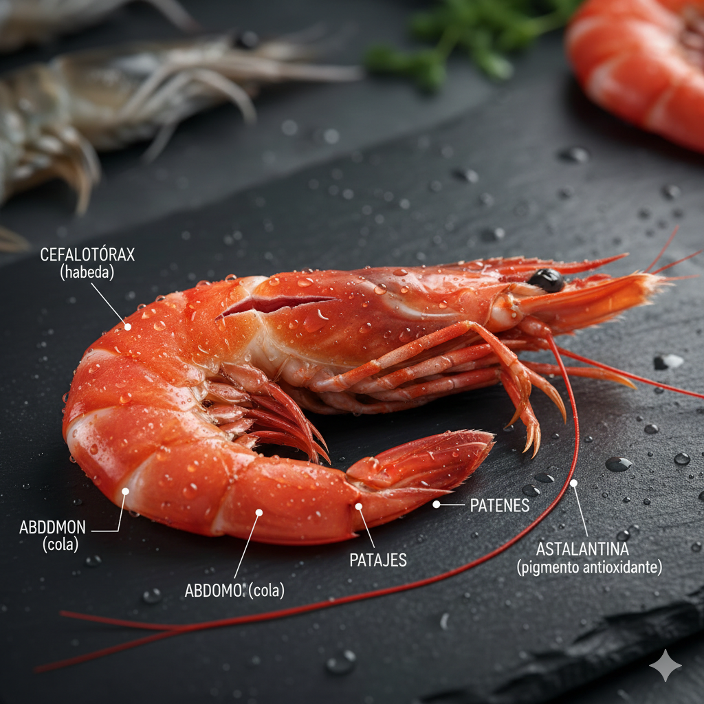 Anatom&iacute;a y cambio de color de la gamba por la astaxantina al cocinarse.