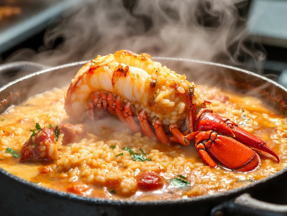 Arroz caldoso de bogavante perfecto, humeante en la olla al reposar.