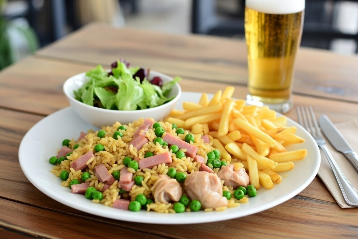 Arroz frito cantones servido como plato combinado con patatas fritas y ensalada al estilo espa&ntilde;ol.