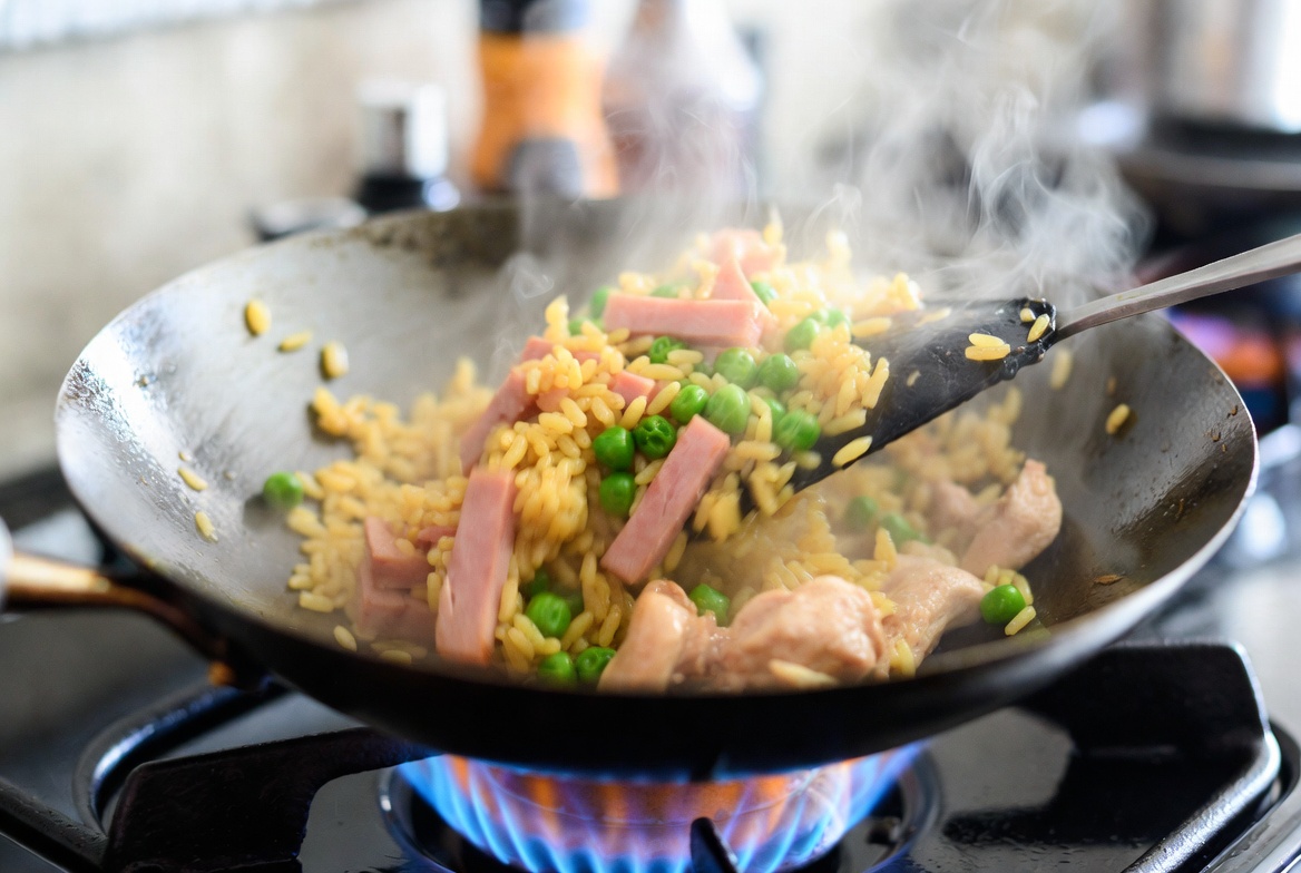 Arroz frito cantones salteado a fuego vivo en un wok &ndash; t&eacute;cnica clave para la textura perfecta.
