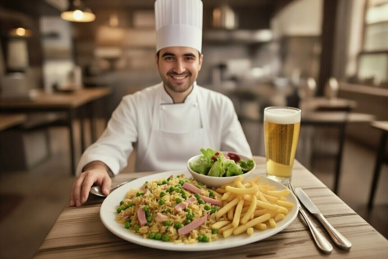 Arroz frito cantones servido como plato combinado con patatas fritas y ensalada al estilo espa&ntilde;ol