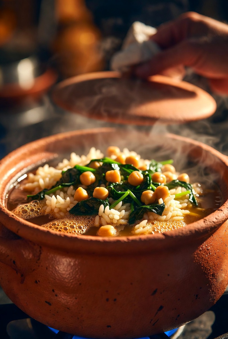 Cazuela de arroz con garbanzos y espinacas en su punto final de cocci&oacute;n, humeante.