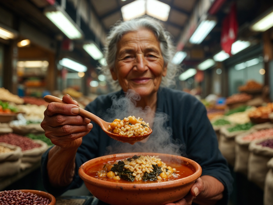Cuenco de arroz con garbanzos y espinacas humeante, servido en un mercado tradicional espa&ntilde;ol.