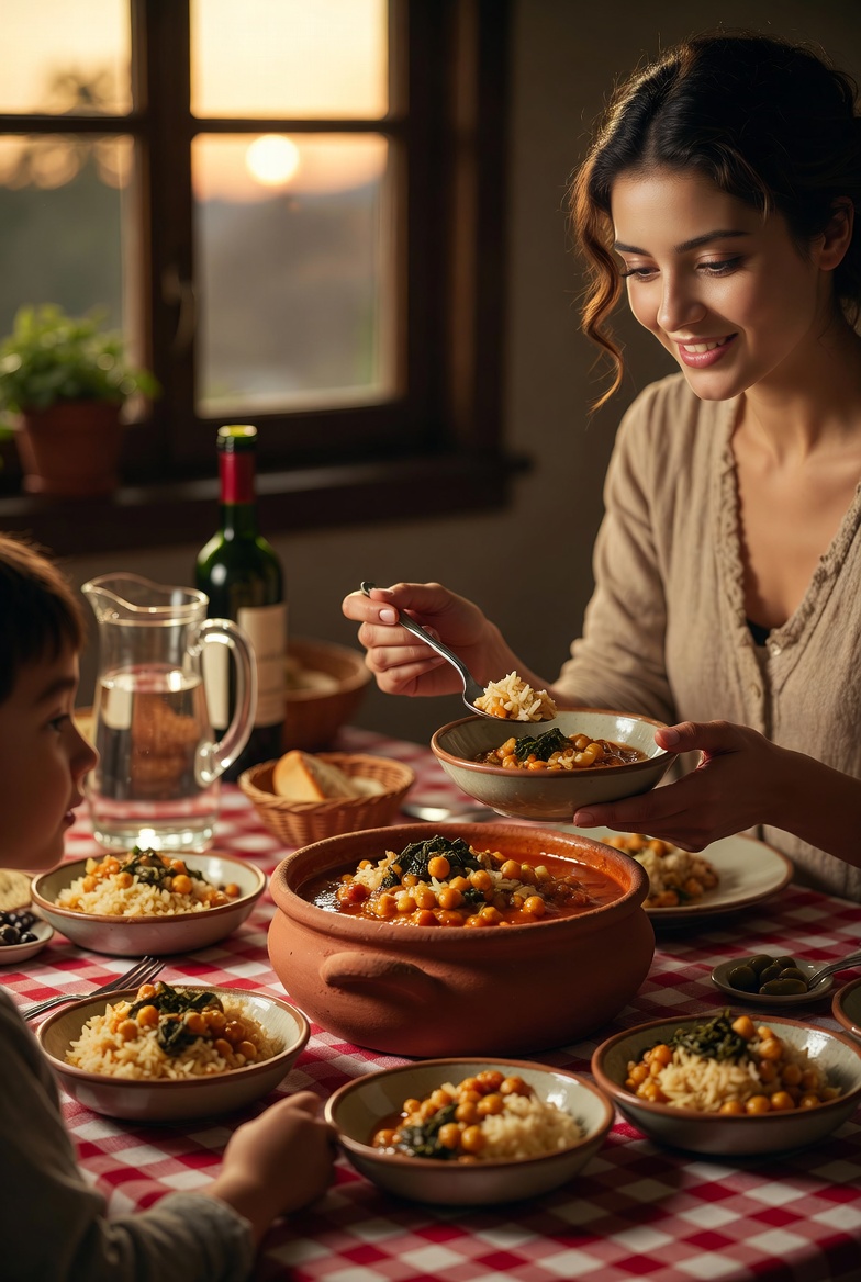 Arroz con garbanzos y espinacas servido en una mesa familiar para compartir.