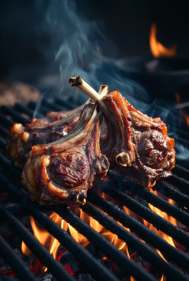 Chuletillas de cordero as&aacute;ndose al fuego de sarmientos en una parrilla, mostrando su costra dorada