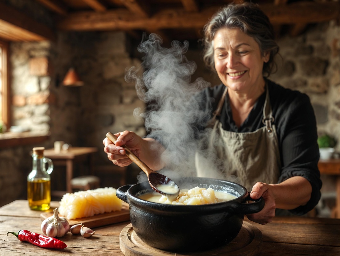 Mujer sonriente en txoko vasco presenta bacalao al pil-pil tradicional en cazuela de barro