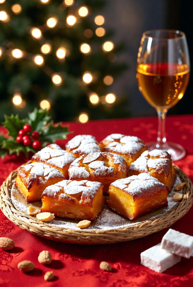 Bandeja de truchas de batata y almendra tradicionales en una mesa de Navidad decorada.