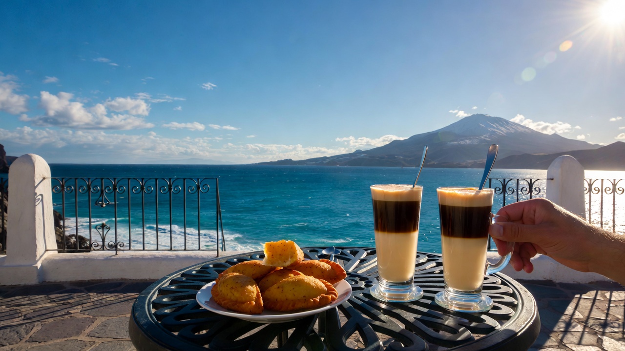 Disfrutando de un Barraquito tradicional en una terraza con vistas al mar en Tenerife.