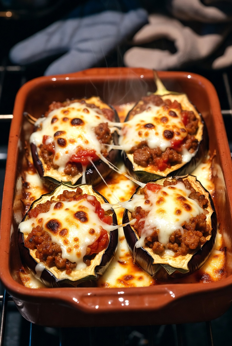 Berenjenas rellenas de carne gratinadas con queso reci&eacute;n salidas del horno.