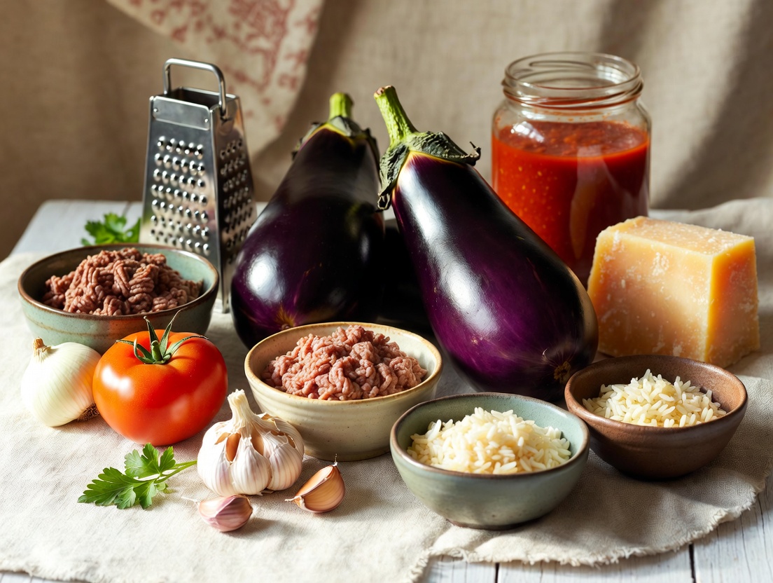 Ingredientes variados para hacer berenjenas rellenas: berenjena, carne, tomate, queso, cebolla