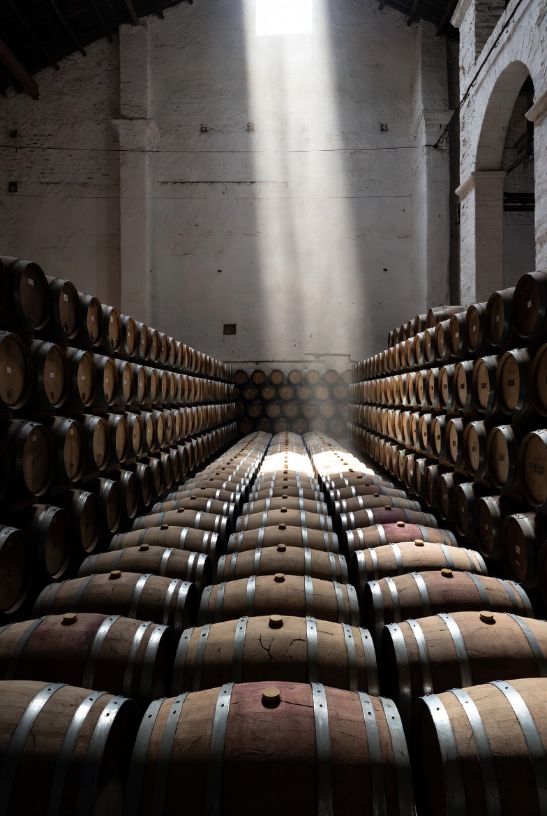 Bodega tradicional con botas de roble en sistema de soleras para crianza de Pedro Xim&eacute;nez.