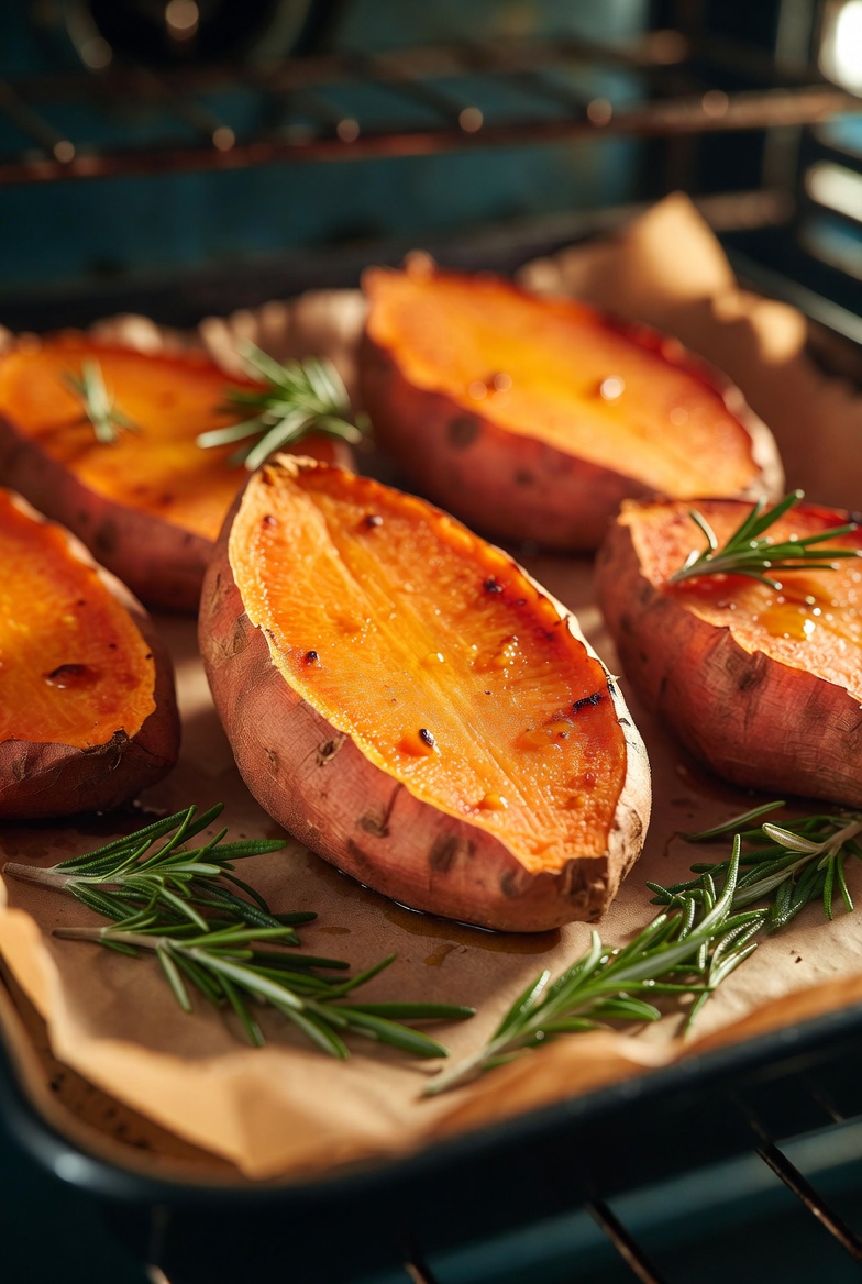 Boniatos asados al horno por la mitad, mostrando su carne naranja caramelizada.