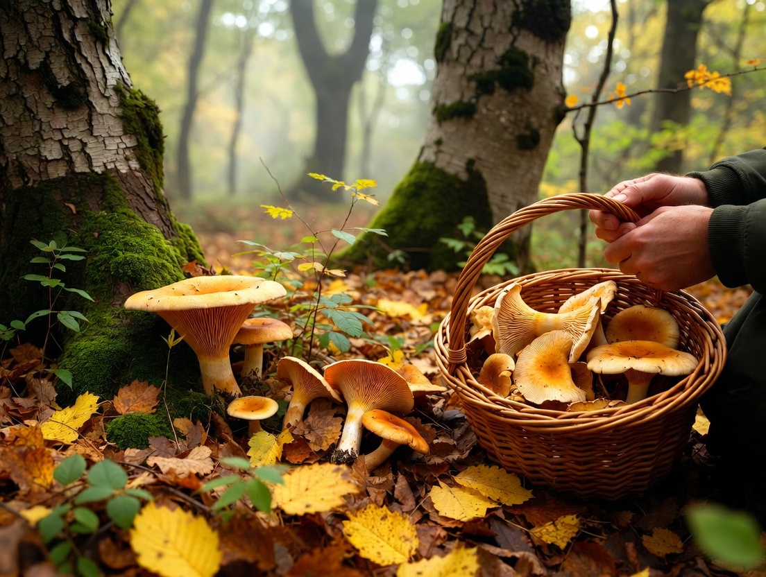 Recolecci&oacute;n de setas silvestres (rovellons) en un bosque catal&aacute;n en oto&ntilde;o para el Fricand&oacute;.