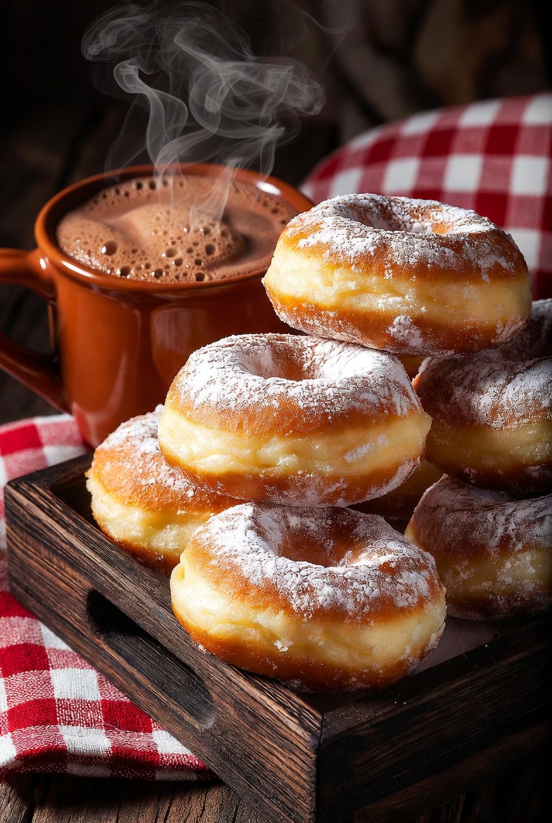 Bu&ntilde;uelos de viento caseros servidos con chocolate a la taza tradicional.