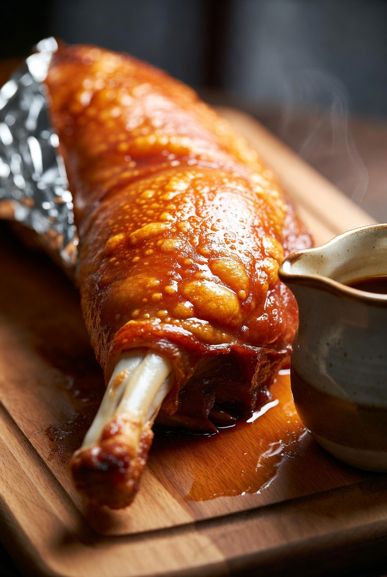 Cuarto de cabrito lechal asado al horno, dorado y crujiente, en reposo.