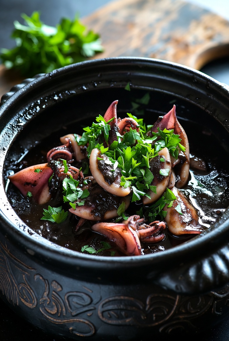 Calamares en su tinta reci&eacute;n hechos, negros y brillantes, en cazuela de barro, tradici&oacute;n espa&ntilde;ola