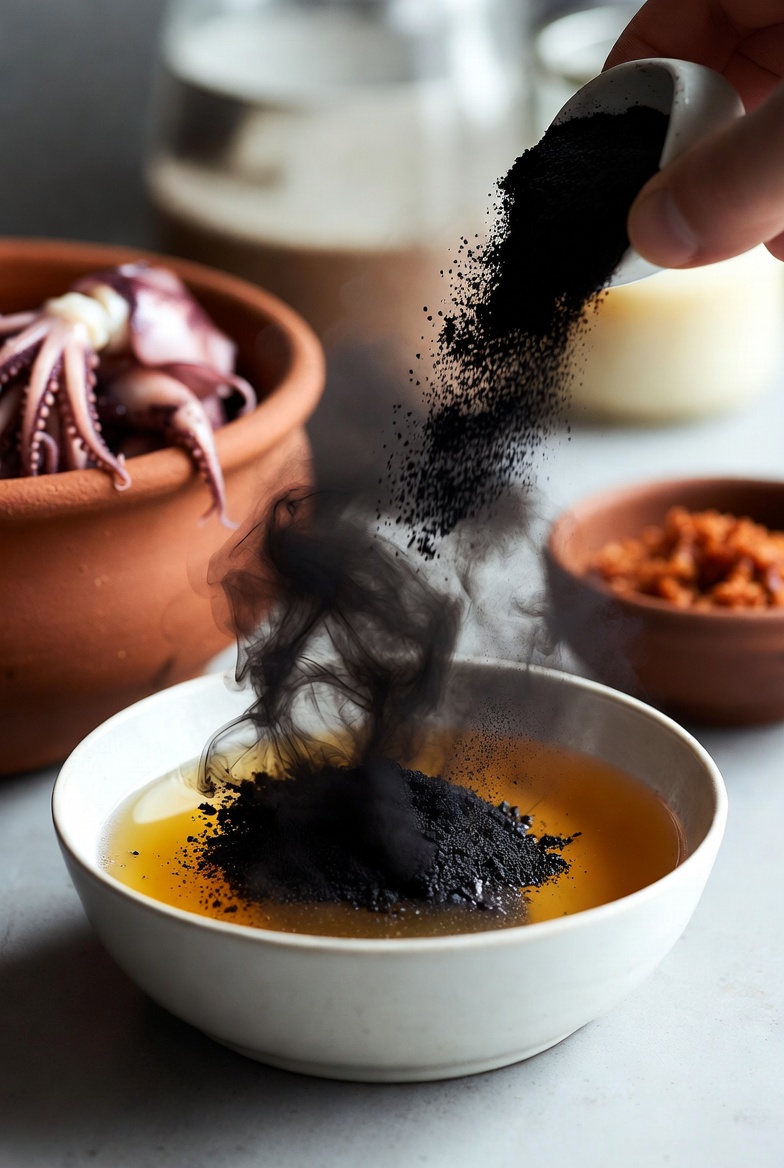 Mezclando la tinta de calamar con el caldo para la receta de calamares en su tinta.