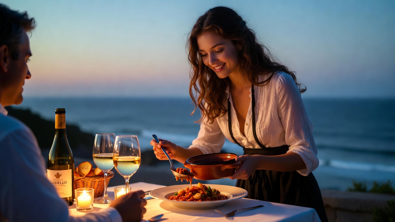 Caldereta de langosta servida en una cena elegante en una terraza con vistas al mar.