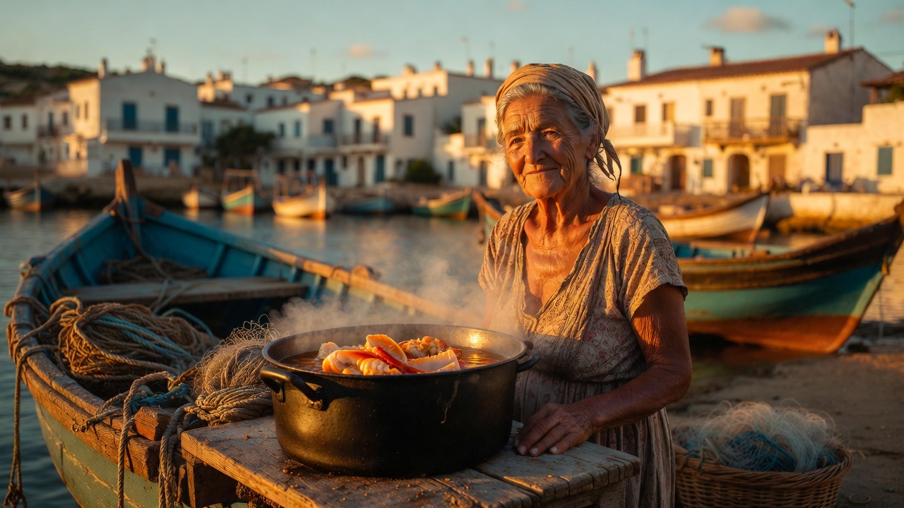 Caldereta de langosta tradicional servida en caldero en el puerto de Fornells, Menorca.