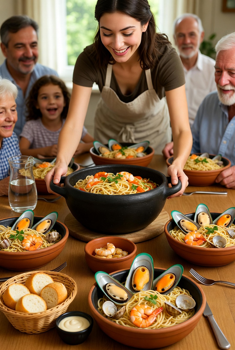 Cazuela de fideos con marisco servida en su cazuela de barro en el centro de una mesa familiar, lista para compartir