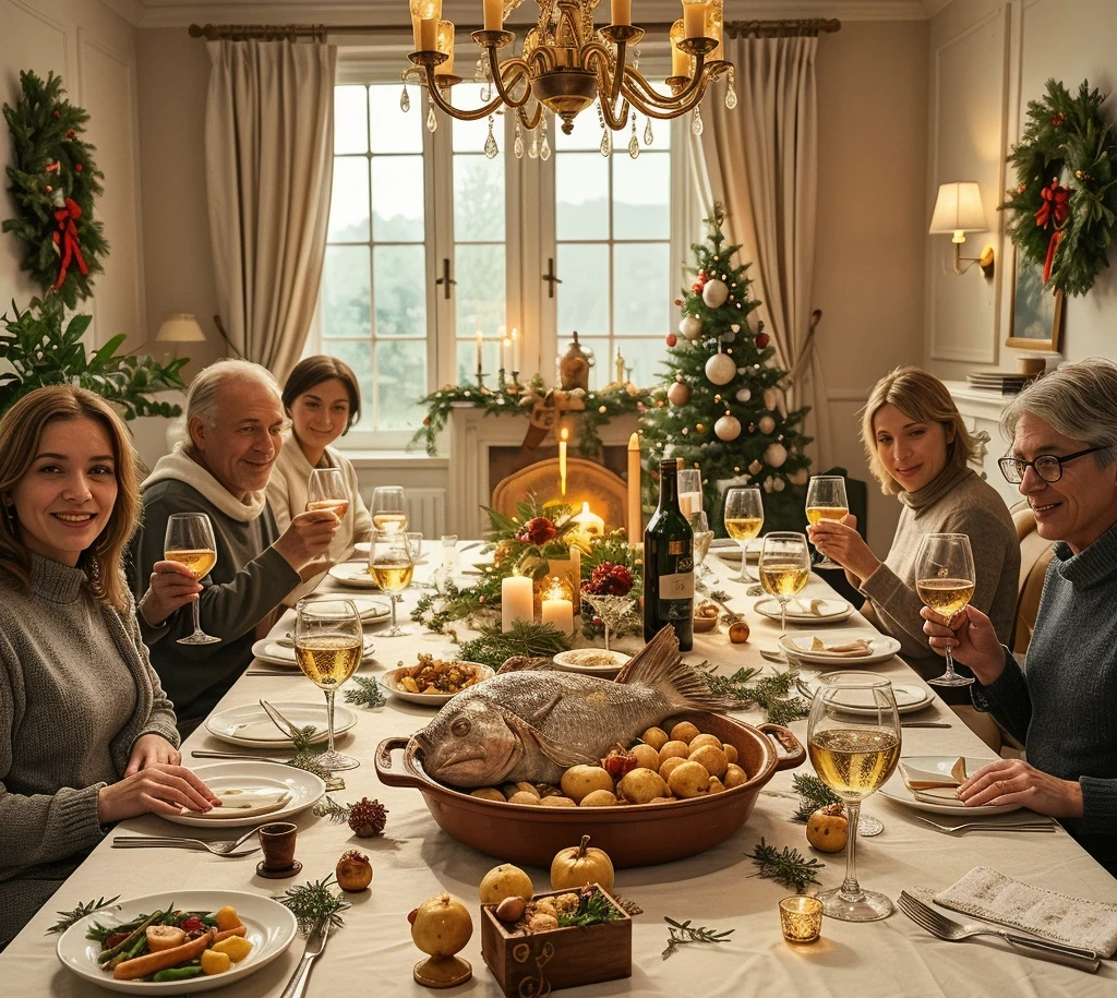 Cena de Navidad familiar con besugo al horno como plato principal.