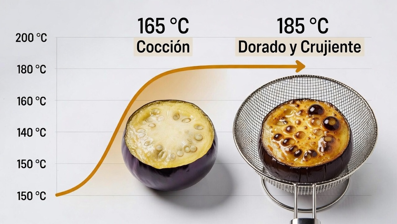 Gr&aacute;fico cient&iacute;fico de la t&eacute;cnica de doble fritura para berenjenas perfectas.