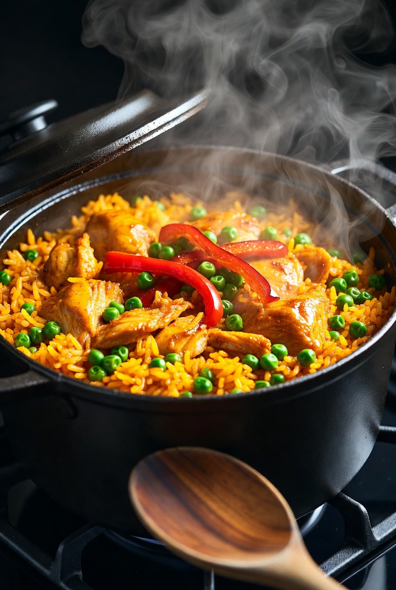Arroz amarillo con pollo canario reci&eacute;n hecho, jugoso y con color vibrante en cazuela.