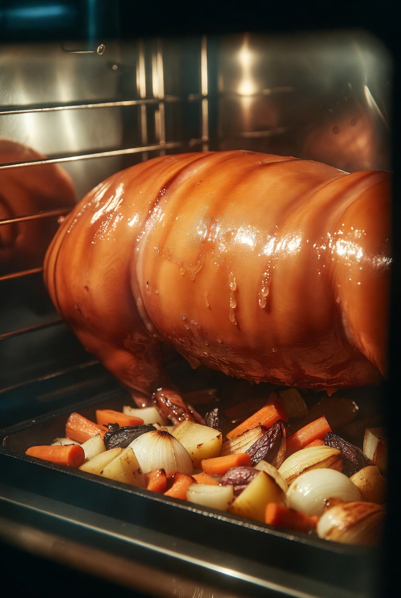 Cochinillo asado dor&aacute;ndose lentamente en el horno casero.
