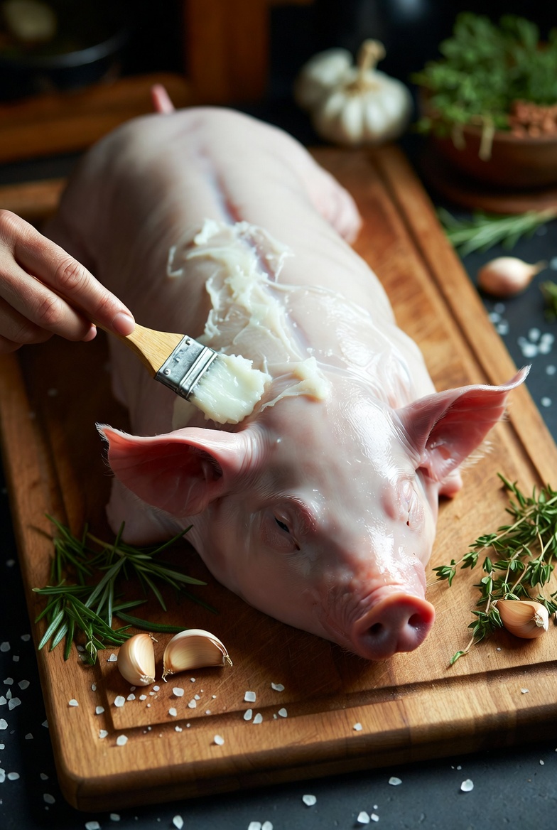 Preparaci&oacute;n del cochinillo asado untado con manteca y hierbas arom&aacute;ticas.