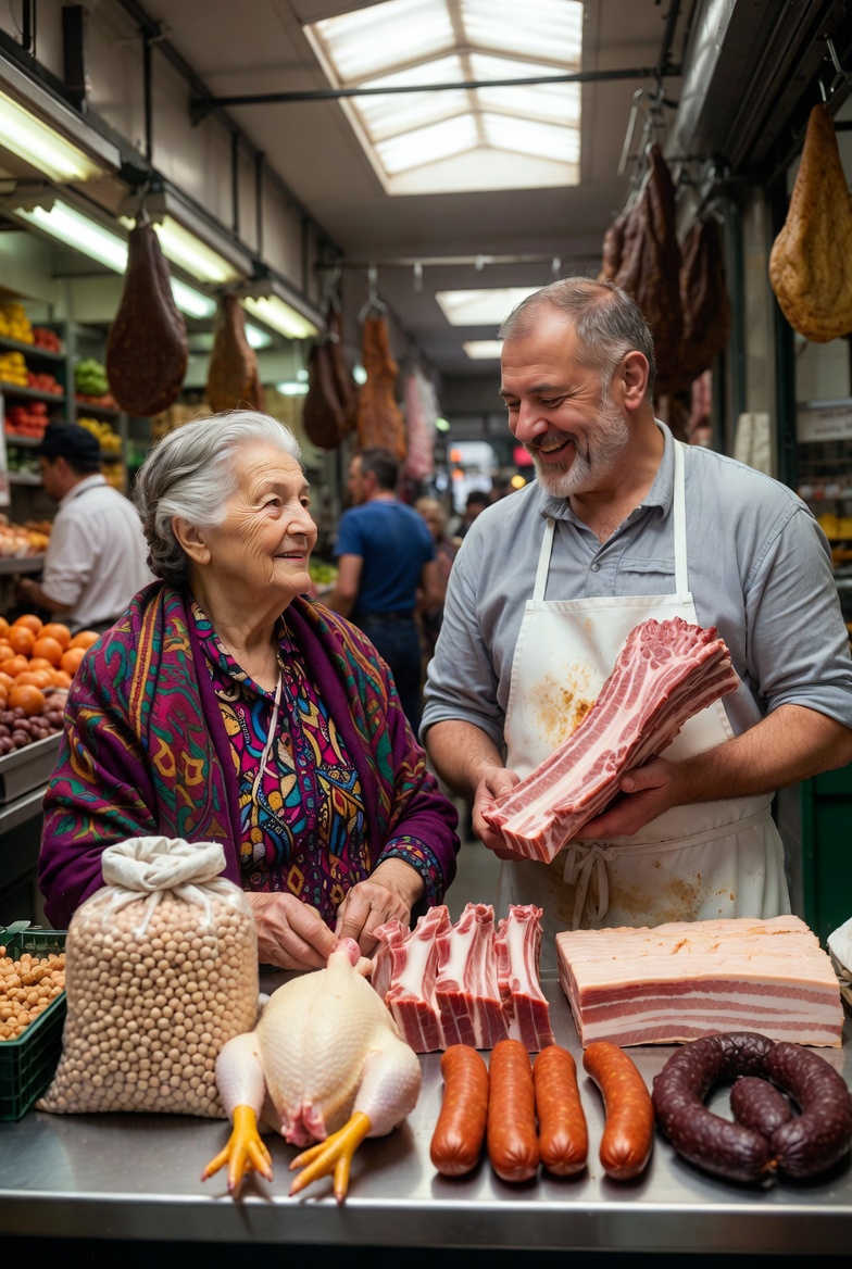 Mujer comprando ingredientes para cocido madrile&ntilde;o en un mercado tradicional de Madrid