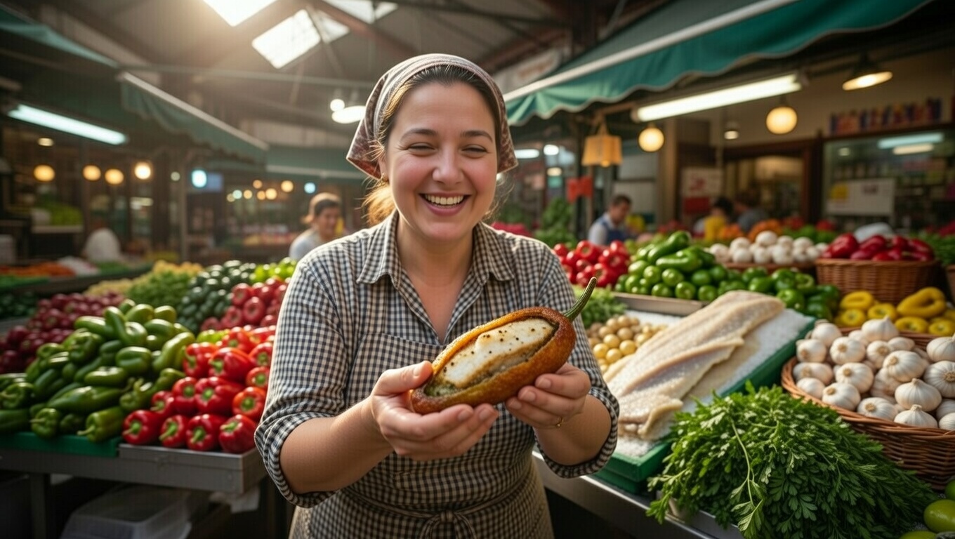 Cocinera vasca sonriente mostrando un delicioso pimiento relleno de bacalao reci&eacute;n frito en un mercado