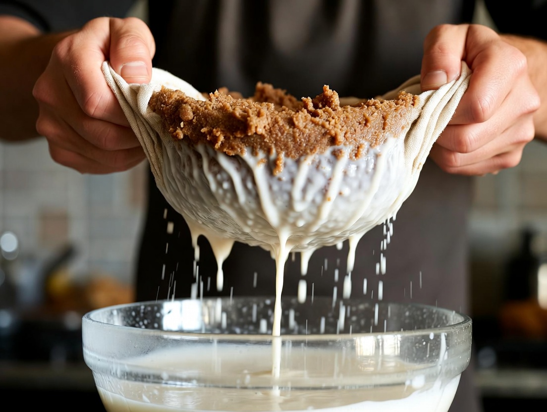 Colado artesanal de horchata de chufa casera con un pa&ntilde;o de algod&oacute;n