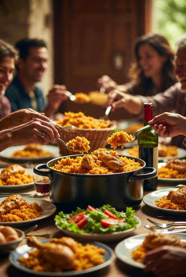 Comida familiar disfrutando de un arroz amarillo con pollo canario tradicional en casa.