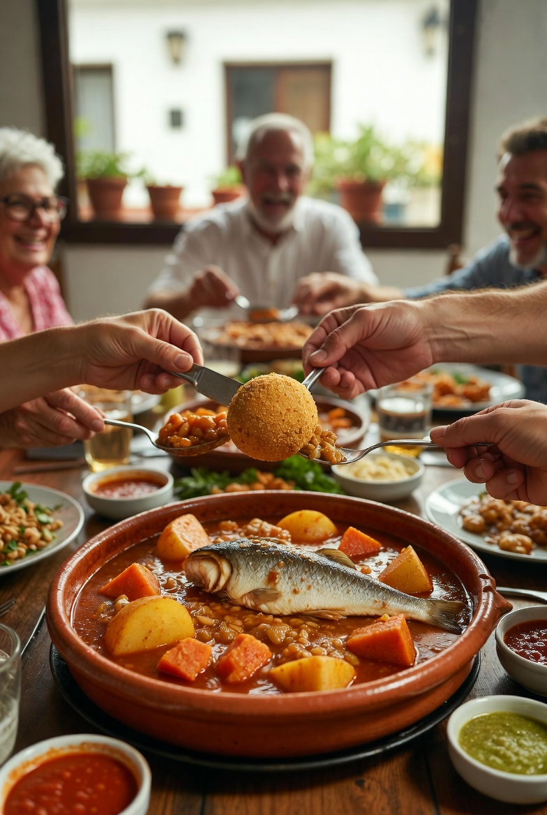Reuni&oacute;n familiar compartiendo un sancocho canario tradicional en una mesa abundante.