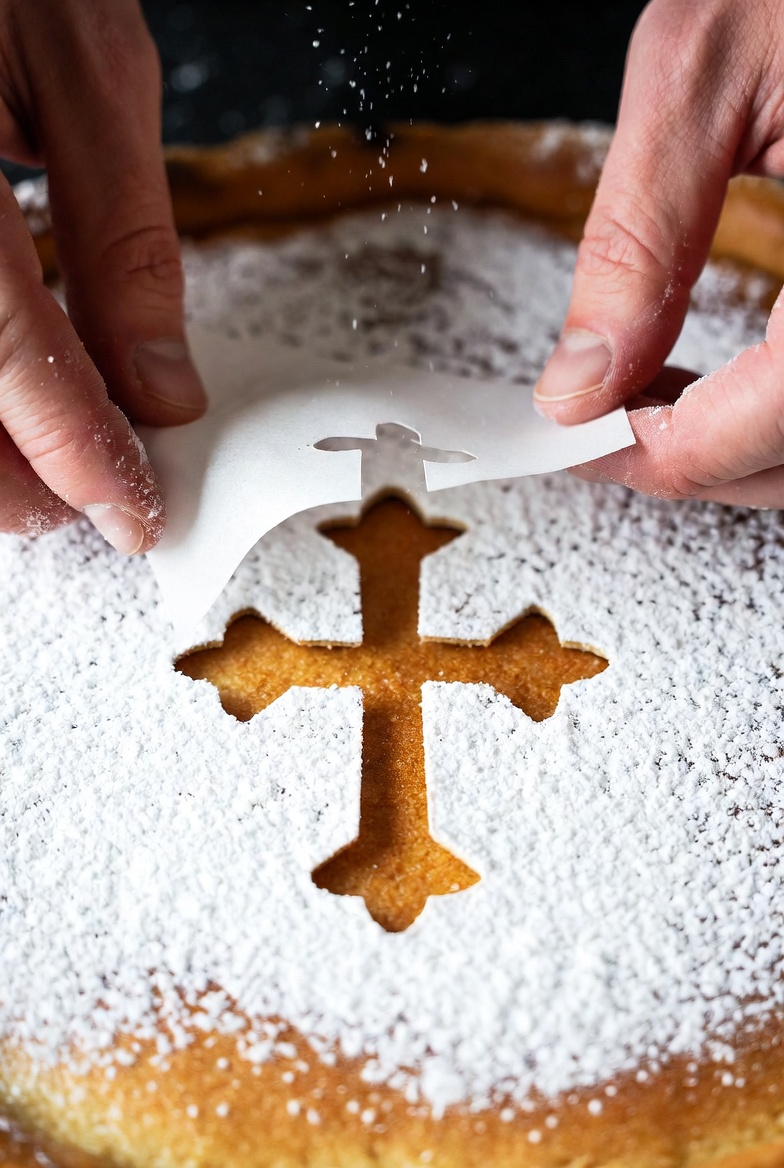 Momento de decorar la Tarta de Santiago con az&uacute;car glass formando la Cruz de Santiago.