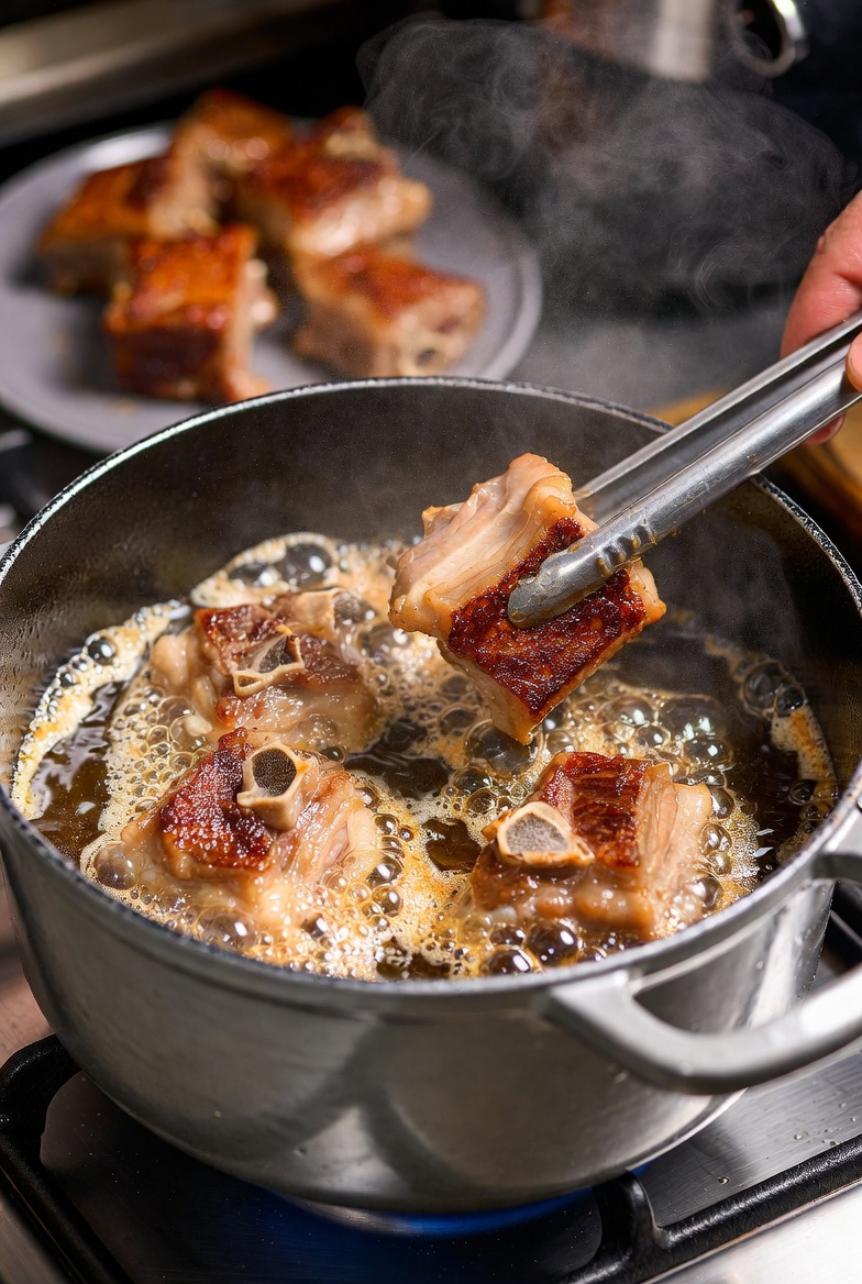Sellando y dorando los trozos de rabo de toro en una olla de hierro para conseguir un sabor profundo