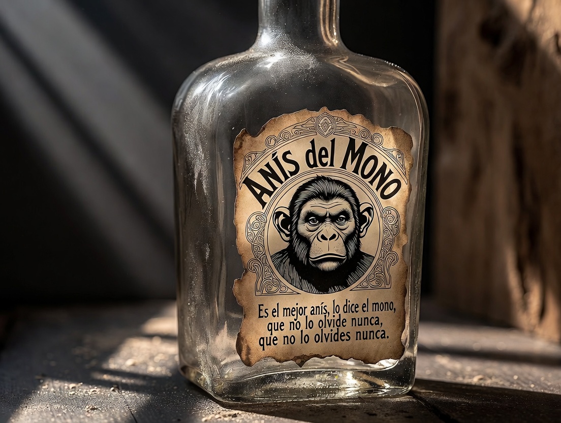 Botella vintage de An&iacute;s del Mono con su ic&oacute;nica etiqueta del mono y el poema
