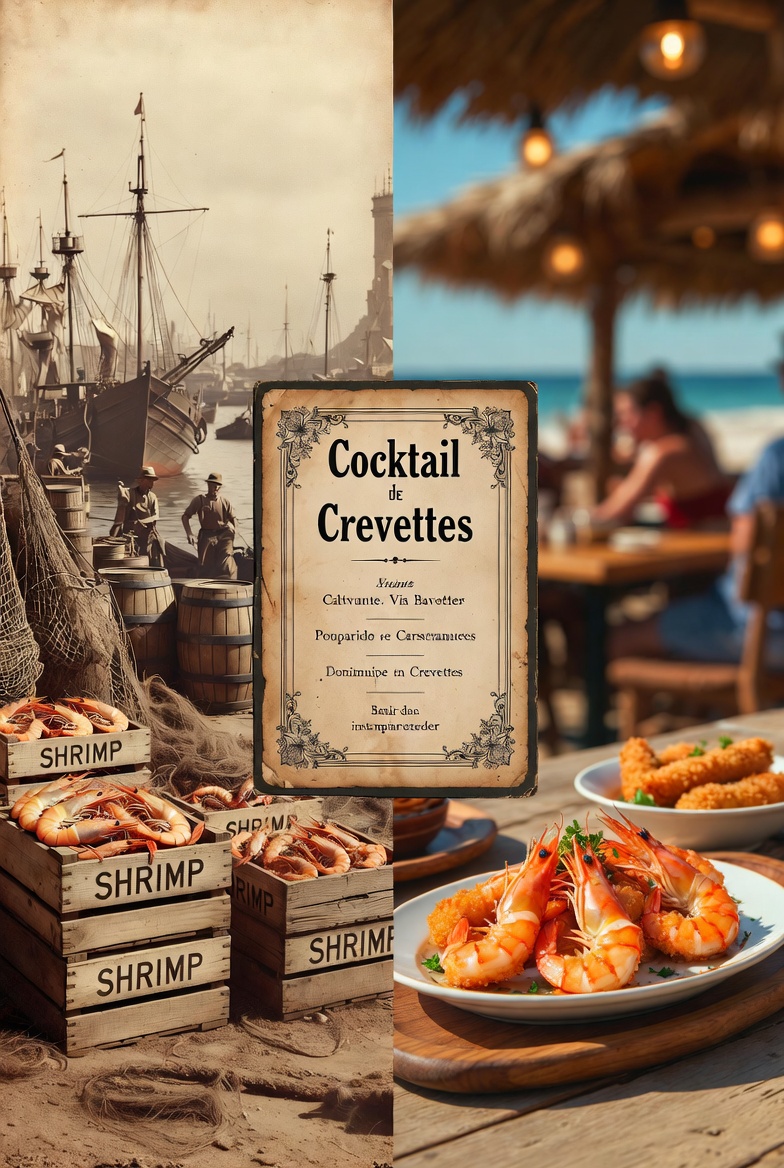 Evoluci&oacute;n hist&oacute;rica de las gambas rebozadas con salsa rosa, desde el puerto hasta el restaurante.