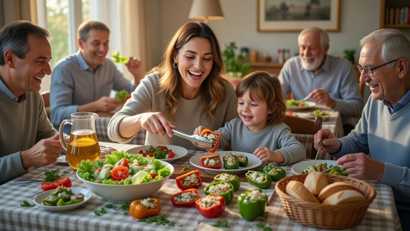 Familia feliz compartiendo una comida con pimientos rellenos de bacalao caseros.