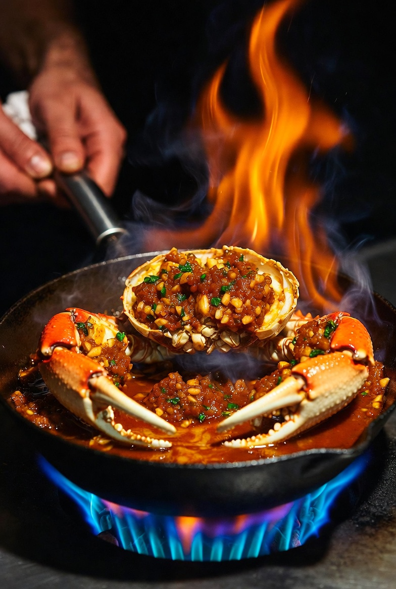 Momento clave del flambeado con brandy en la receta de txangurro a la donostiarra.