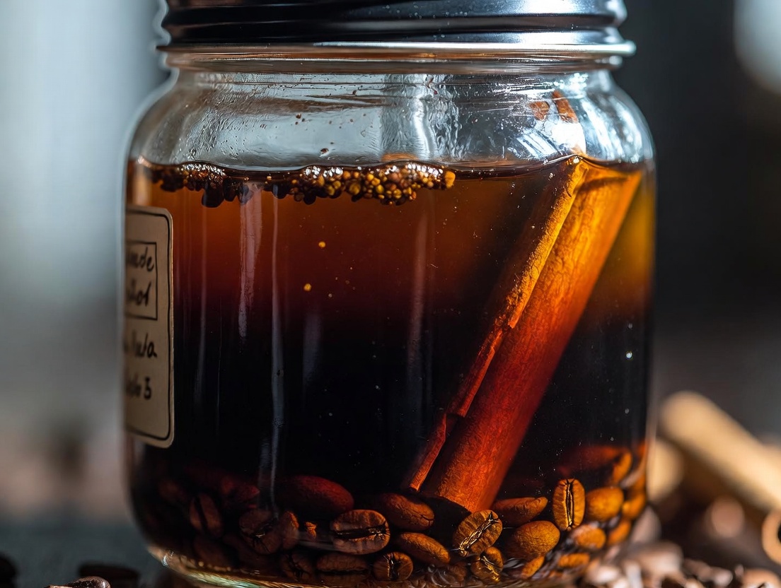 Frasco de maceraci&oacute;n de licor de caf&eacute; aragon&eacute;s casero en reposo