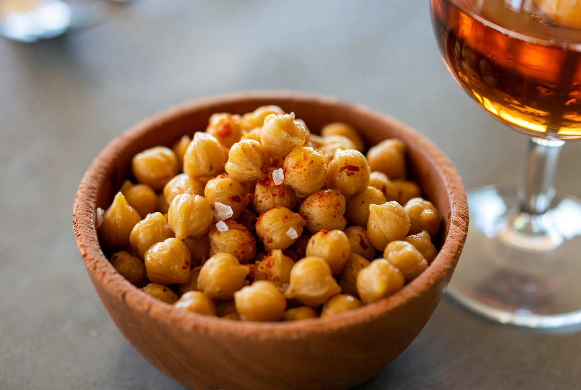Garbanzos fritos con piment&oacute;n terminados, crujientes y listos para servir como aperitivo.