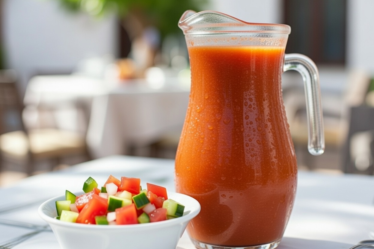 Jarra de cristal con Gazpacho Andaluz rojo tradicional, servido muy fr&iacute;o.